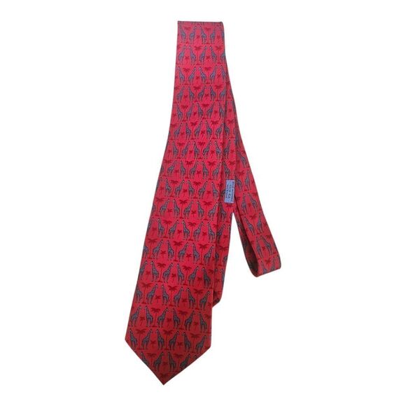 100% REAL HERMES SILK TIE ~ Red with Blue Giraffe - Picture 2 of 7